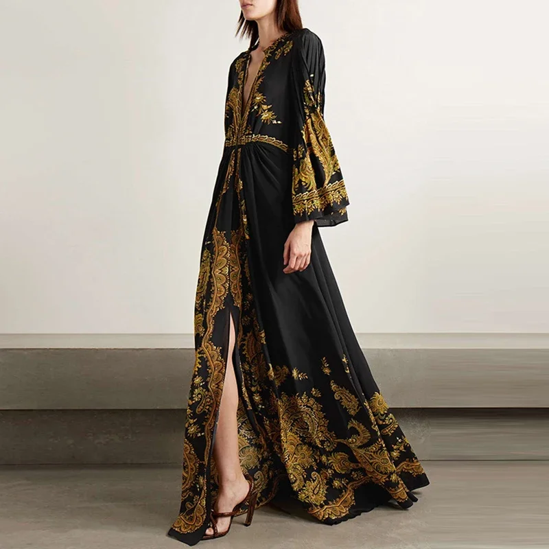 Ethnic Retro Print Front Split Maxi Dress Womens Sexy Hollow V Neck Boho Long Dress Spring Summer Flare Sleeve Loose Party Dress
Ethnic Retro Print Front Split Maxi Dress Womens Sexy Hollow V Neck Boho Long Dress Spring Summer Flare Sleeve Loose Party Dress