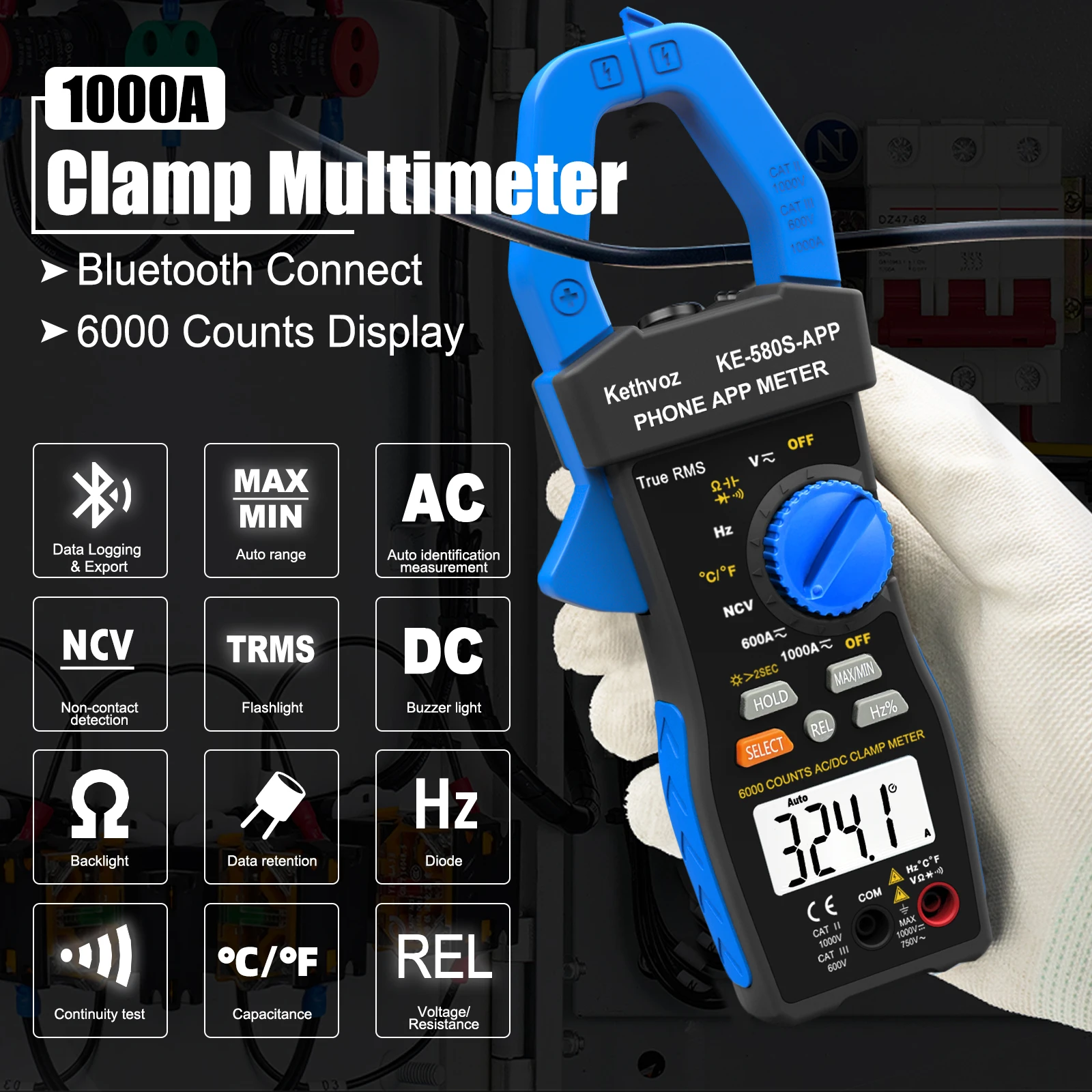 6000 Counts True RMS APP Clamp Meter Multimeter DC/AC Current Voltage NCV Temp Hz Duty Cycle Capacitance Resistance Diode Tester
6000 Counts True RMS APP Clamp Meter Multimeter DC/AC Current Voltage NCV Temp Hz Duty Cycle Capacitance Resistance Diode Tester