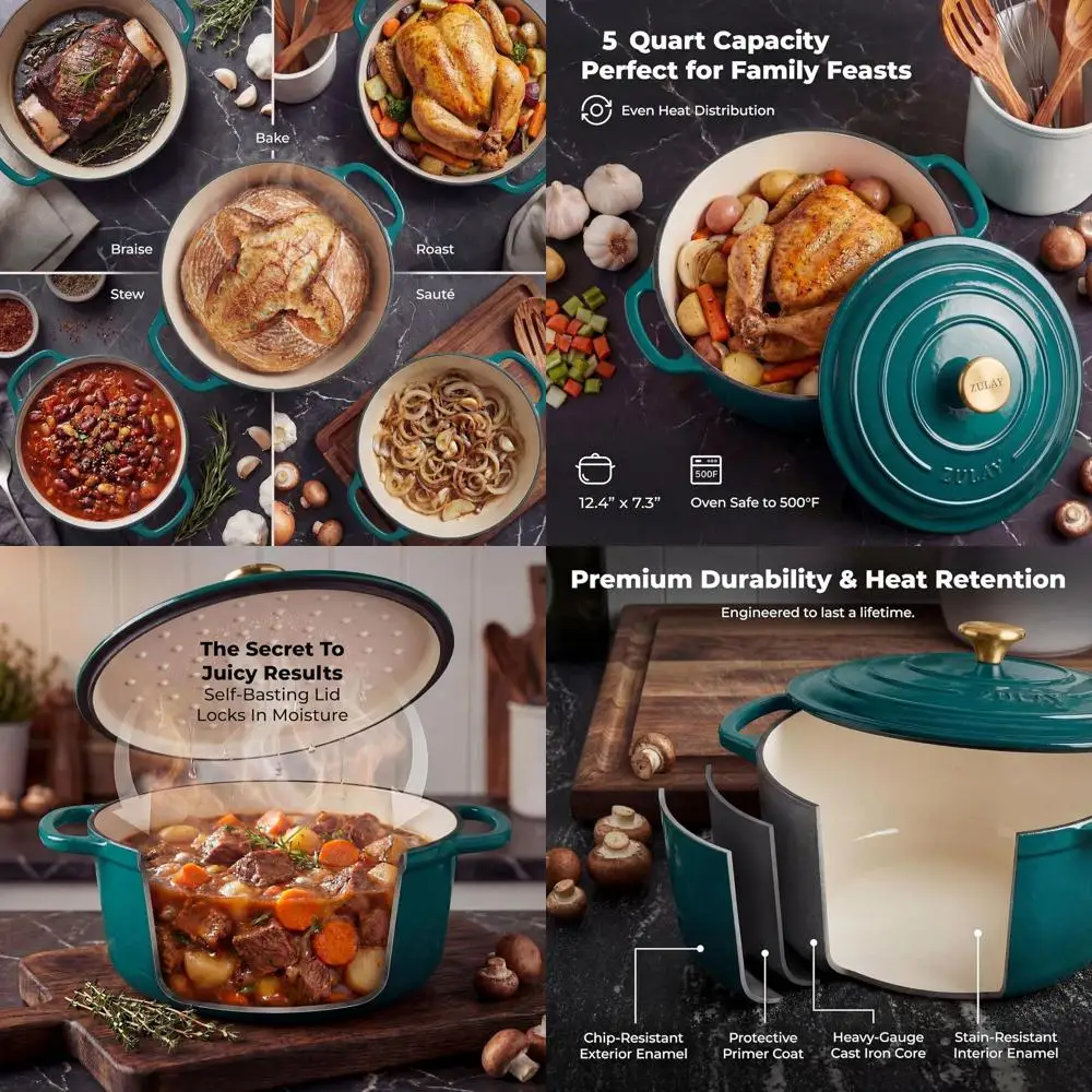 Enameled Cast Iron Dutch Oven, 5 Quart, Oven Safe to 500°F, Ideal for Bread Baking, Stews, Braising, and Roasting in Emerald Gre
Enameled Cast Iron Dutch Oven, 5 Quart, Oven Safe to 500°F, Ideal for Bread Baking, Stews, Braising, and Roasting in Emerald Gre