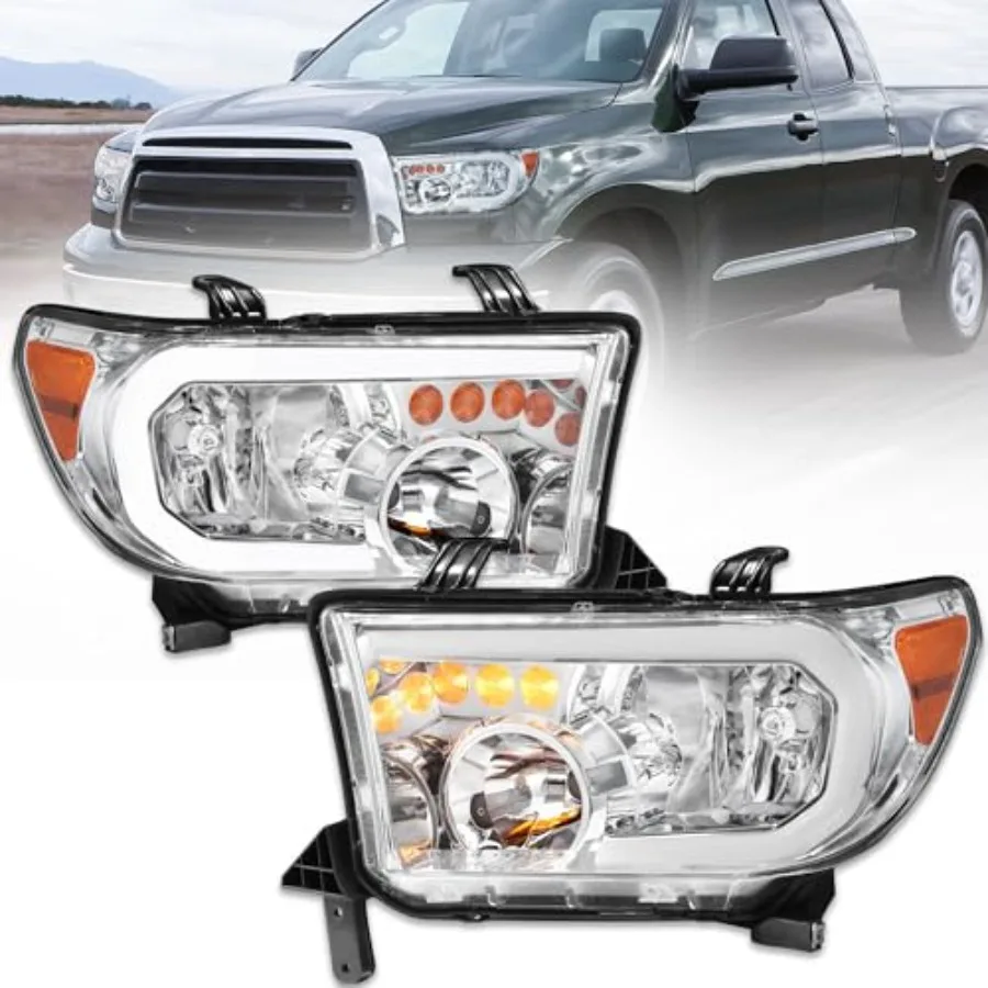 LED headlight assembly for Toyota Tundra 20072013: clear lens chrome housing amber dynamic turn signals LED DRL front lamps dri
LED headlight assembly for Toyota Tundra 20072013: clear lens chrome housing amber dynamic turn signals LED DRL front lamps dri