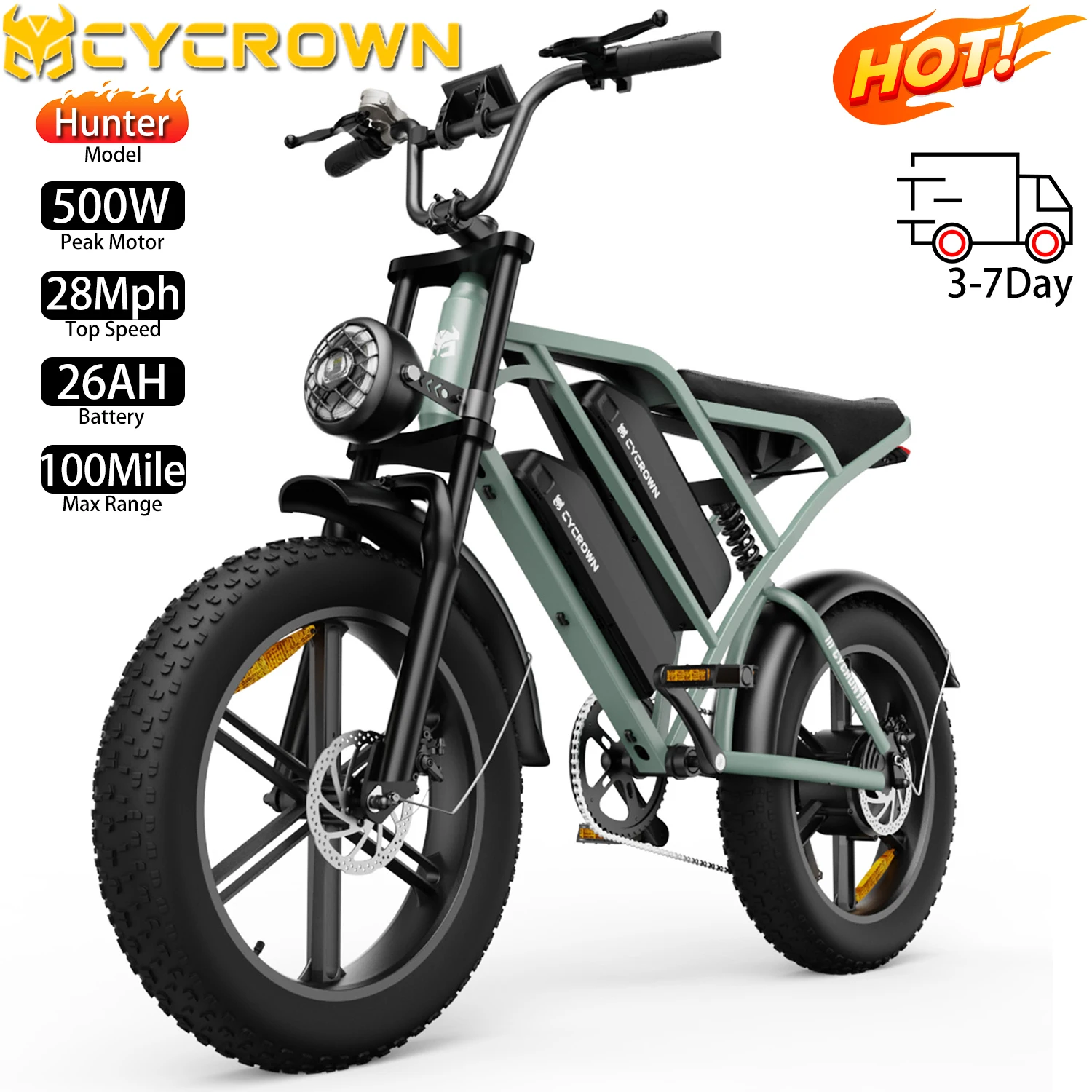 Electric Mountain Bike CYCROWN 20x4" 500W Motor Top Speed 28Mph Adult E-Bike 48V 26AH Max Range 100Miles Load 330Ibs
Electric Mountain Bike CYCROWN 20x4" 500W Motor Top Speed 28Mph Adult E-Bike 48V 26AH Max Range 100Miles Load 330Ibs