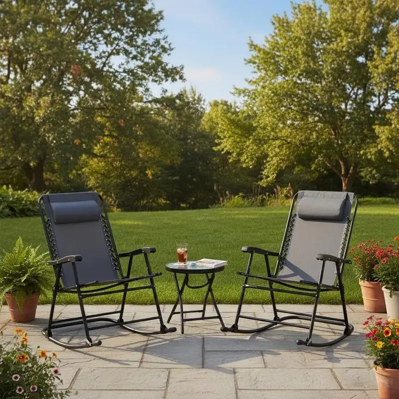 Outdoor Folding Rocking Chair Patio Table Seating Set, 2 Rocking Chairs with Armrests and 1 Side Table with Tempered Glass - Gray
Outdoor Folding Rocking Chair Patio Table Seating Set, 2 Rocking Chairs with Armrests and 1 Side Table with Tempered Glass - Gray