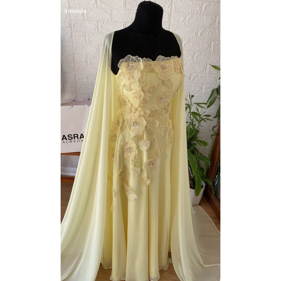 Вечернее платье Amanda 2025: индивидуальный пошив, светло-желтые цветочные аппликации, шифоновая накидка, макси-платье, формальное платье для выпускного вечера
Вечернее платье Amanda 2025: индивидуальный пошив, светло-желтые цветочные аппликации, шифоновая накидка, макси-платье, формальное платье для выпускного вечера