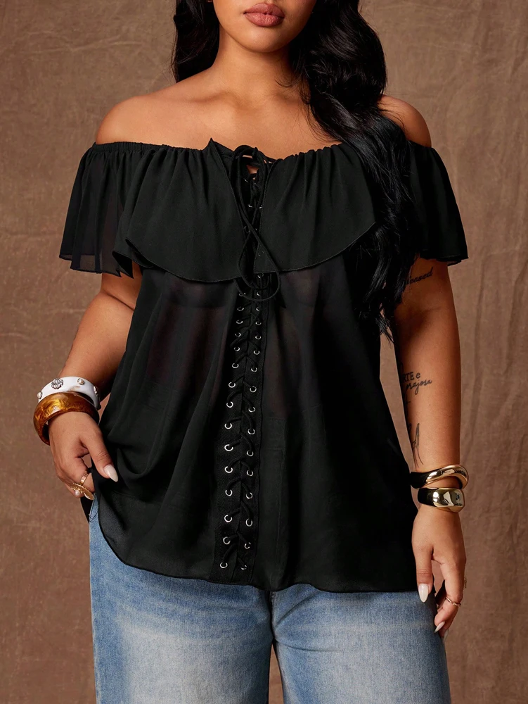 Plus Size Off Shoulder Ruffle Blouse Women Front Lace Up Eyelet Chiffon Tops Short Sleeve Loose Casual Summer Daily Wear Solid B
Plus Size Off Shoulder Ruffle Blouse Women Front Lace Up Eyelet Chiffon Tops Short Sleeve Loose Casual Summer Daily Wear Solid B