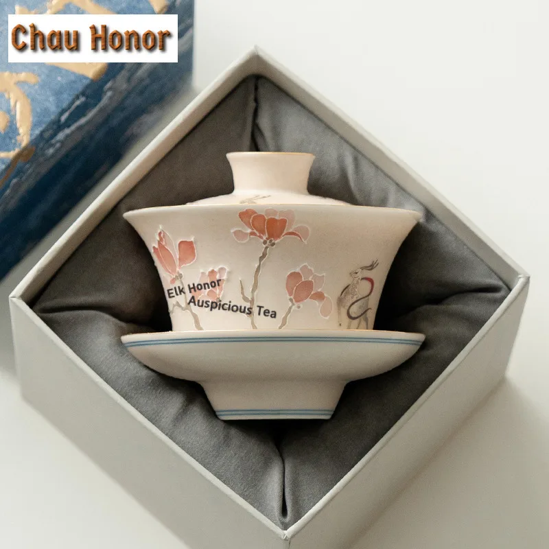 Ручная роспись Цветы сливы ворс Carve Gaiwan Роскошная чайная варенька Чайная чаша с крышкой Набор для приготовления чая Крышка Чаша Чайные предметы Украшение