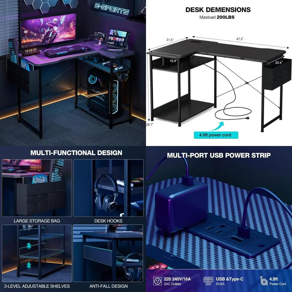 48 Inch L-Shaped Gaming Desk with Power Outlets, Reversible Shelves, Storage, and Carbon Black Finish
48 Inch L-Shaped Gaming Desk with Power Outlets, Reversible Shelves, Storage, and Carbon Black Finish