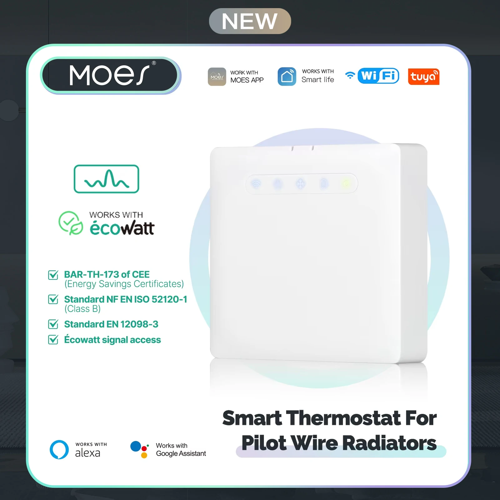 WiFi Thermostat for Electric Heating,Alexa & Google Compatible,Remote Control via Ecowatt App,Monitor Pilot Wire Radiator Power
