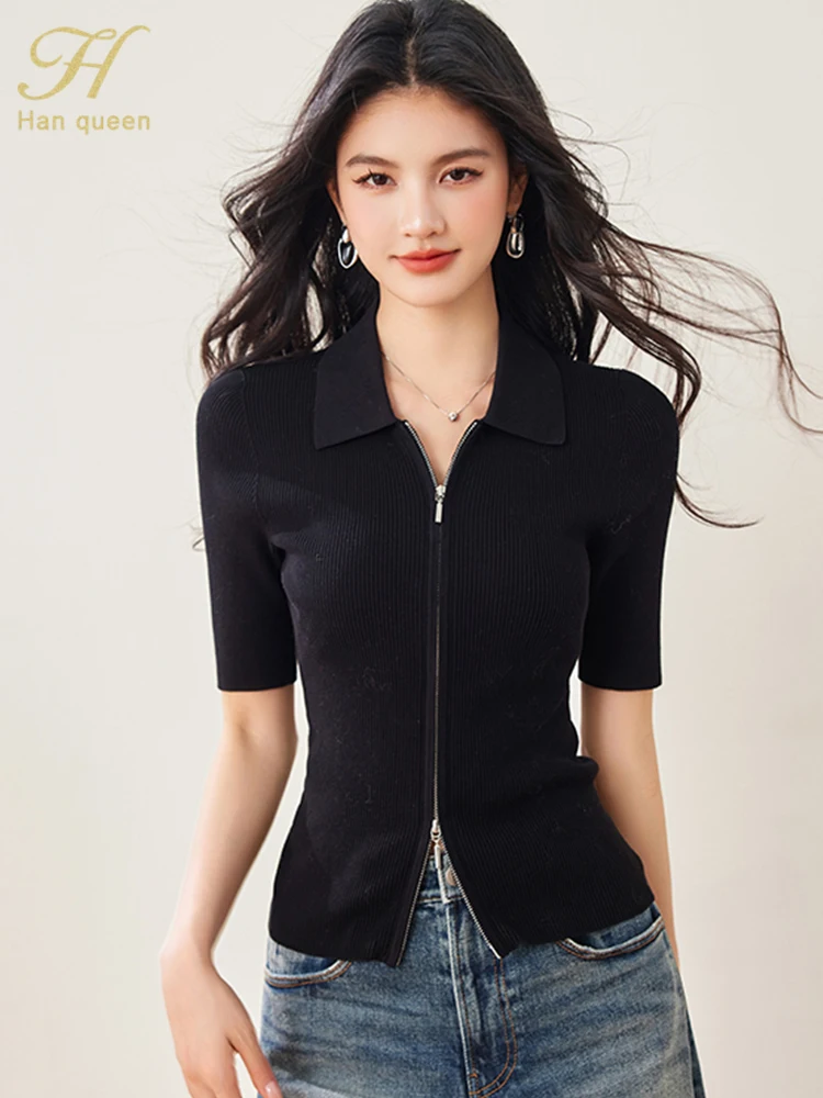 H Han Queen Fashion Zipper Vintage Tees Knitting Casual Tops Summer Shirts And Blouses Woman Clothing Sales Short Sleeve T-Shirt
H Han Queen Fashion Zipper Vintage Tees Knitting Casual Tops Summer Shirts And Blouses Woman Clothing Sales Short Sleeve T-Shirt