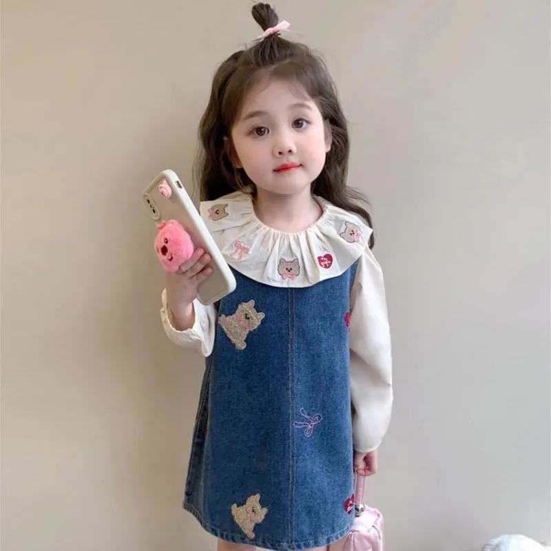 Autumn Children Girls 2PCS Clothes Set Cotton Cartoon Collar T-shirts Outfits Loose Bear Embroidery Denim Strappy Dress Suits
Autumn Children Girls 2PCS Clothes Set Cotton Cartoon Collar T-shirts Outfits Loose Bear Embroidery Denim Strappy Dress Suits