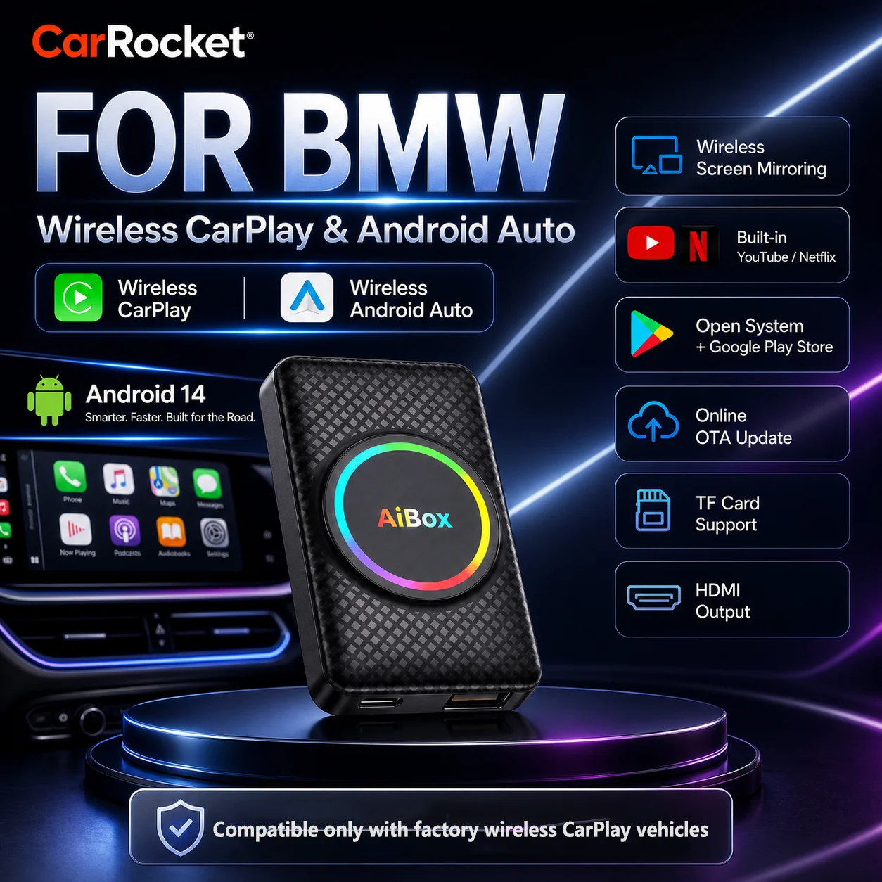 CarRocket Android 14 Carplay HDMI Ai Box Wireless Android Auto Carplay RK3528 For Youtube Nexflit For OEM Car Built-in Carplay
CarRocket Android 14 Carplay HDMI Ai Box Wireless Android Auto Carplay RK3528 For Youtube Nexflit For OEM Car Built-in Carplay