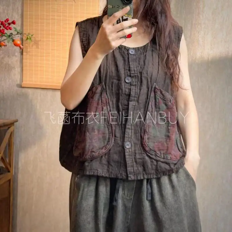 New Spring Arts Style Women Sleeveless O-neck Single Breasted Coats Big Pocket Design Cotton Linen Vintage Vest Good Quality F79
New Spring Arts Style Women Sleeveless O-neck Single Breasted Coats Big Pocket Design Cotton Linen Vintage Vest Good Quality F79