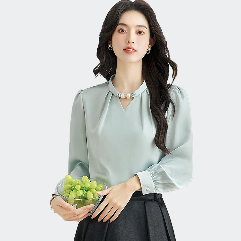 Women's Elegant Blouse Stand Collar Beaded Satin Shirts Pullover Korean Fashion Temperament Office Lady Women Shirts
Women's Elegant Blouse Stand Collar Beaded Satin Shirts Pullover Korean Fashion Temperament Office Lady Women Shirts