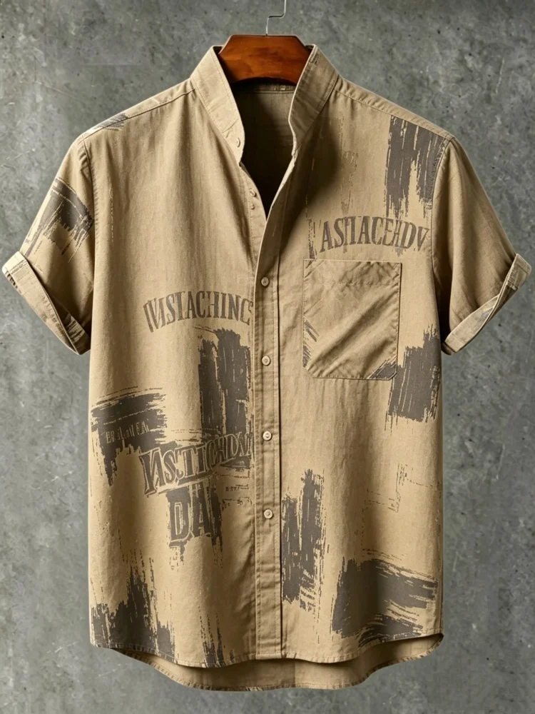 Men's Vintage Letter Print Stand Collar Short Sleeve Shirt with Chest Pocket, Loose Comfort Casual Summer Top
Men's Vintage Letter Print Stand Collar Short Sleeve Shirt with Chest Pocket, Loose Comfort Casual Summer Top