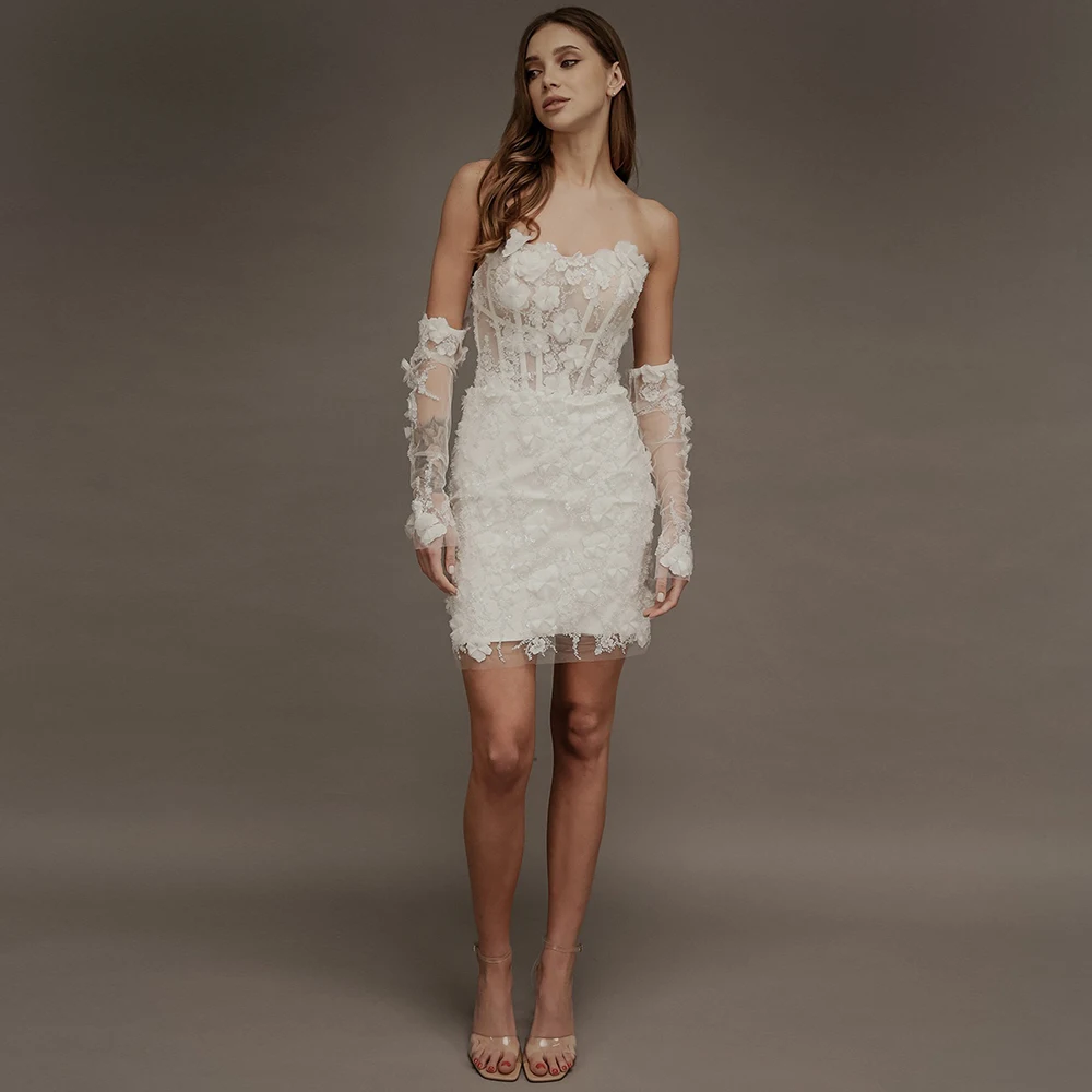 Exquisite White 3D Floral Lace Strapless Corset Mini Wedding Dress With Detachable Long Sleeves Customized Sheath Bridal Gowns
Exquisite White 3D Floral Lace Strapless Corset Mini Wedding Dress With Detachable Long Sleeves Customized Sheath Bridal Gowns