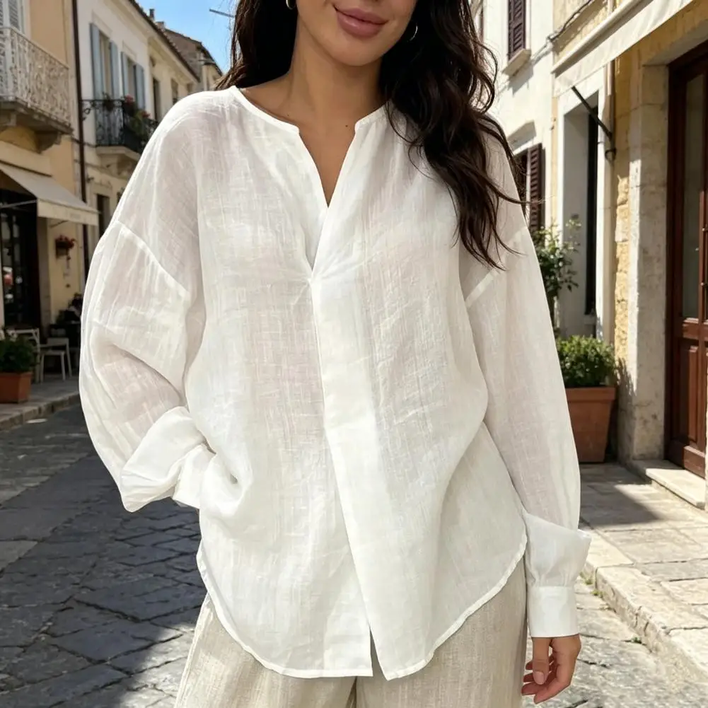 Open Stitching Design Blouse Women Cotton Linen Tops Blouse Women’s V Neck Long Sleeve Pullover Top Asymmetrical Slit Curved Hem
Open Stitching Design Blouse Women Cotton Linen Tops Blouse Women’s V Neck Long Sleeve Pullover Top Asymmetrical Slit Curved Hem
