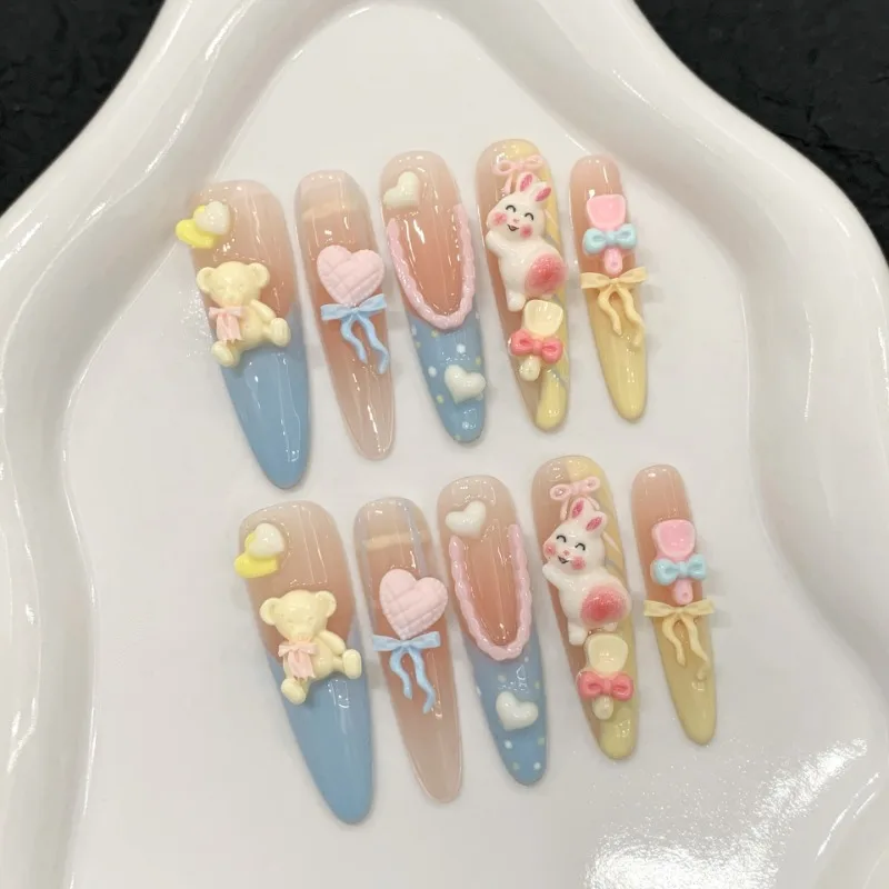 10 Pieces Macaron Cartoon French Cute and Playful Handmade Press On Nails Bear Rabbit Parade Fake Nails Removable Reusable
10 Pieces Macaron Cartoon French Cute and Playful Handmade Press On Nails Bear Rabbit Parade Fake Nails Removable Reusable