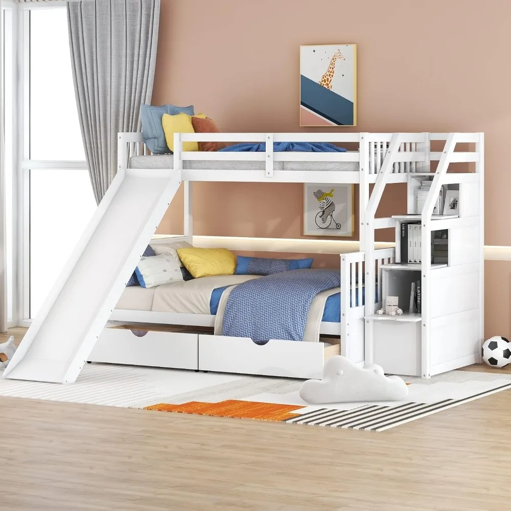 Harper & Bright Designs Twin Over Full Bunk Bed with Slides, Wood Bunk Bed with Stairway and Storage, Low Bunk Bed with Drawers 
Harper & Bright Designs Twin Over Full Bunk Bed with Slides, Wood Bunk Bed with Stairway and Storage, Low Bunk Bed with Drawers