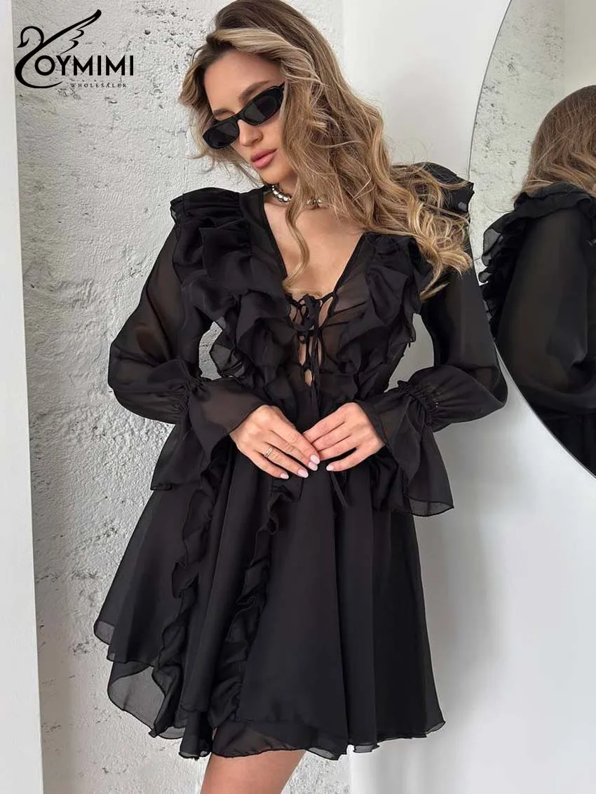 Oymimi Casual Black Ruffled Dresses For Women Fashion V-Neck Lace-Up Long Sleeve Dresses Elegant High Waist Pleated Mini Dress
Oymimi Casual Black Ruffled Dresses For Women Fashion V-Neck Lace-Up Long Sleeve Dresses Elegant High Waist Pleated Mini Dress