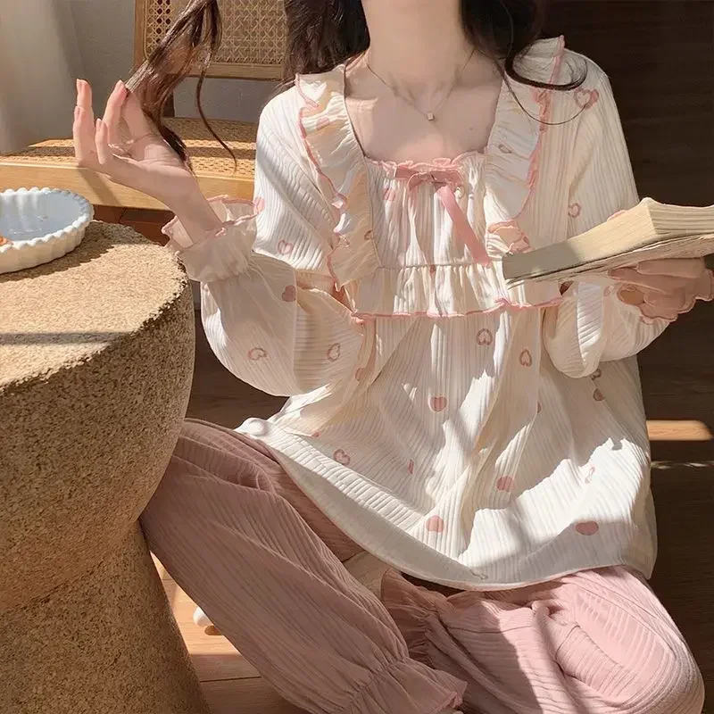 Heart Sleepwear Square Collar Women Pajama Sets Ruffles Pants 2 Pieces Piiama Korean Full Sleeve Autumn Night Wears Home Suit
Heart Sleepwear Square Collar Women Pajama Sets Ruffles Pants 2 Pieces Piiama Korean Full Sleeve Autumn Night Wears Home Suit