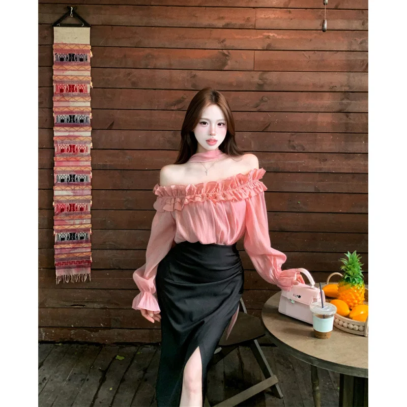 Soft Korean Pink Off Shoulder Chiffon Top Black High Waist Front Split Skirt Suit Elegance Office Lady 2-piece Set Feminine Wear
Soft Korean Pink Off Shoulder Chiffon Top Black High Waist Front Split Skirt Suit Elegance Office Lady 2-piece Set Feminine Wear