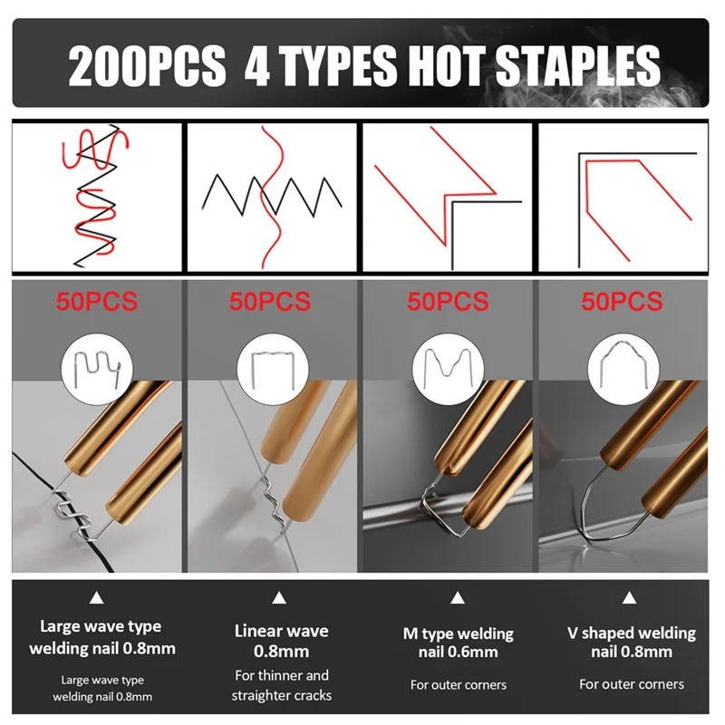 A98E-ручной инструмент для сварки пластика с беспроводной зарядкой, горячий степлер, сварочный пистолет, инструмент для ремонта автомобильного бампера с 200 шт. степлерами
A98E-ручной инструмент для сварки пластика с беспроводной зарядкой, горячий степлер, сварочный пистолет, инструмент для ремонта автомобильного бампера с 200 шт. степлерами