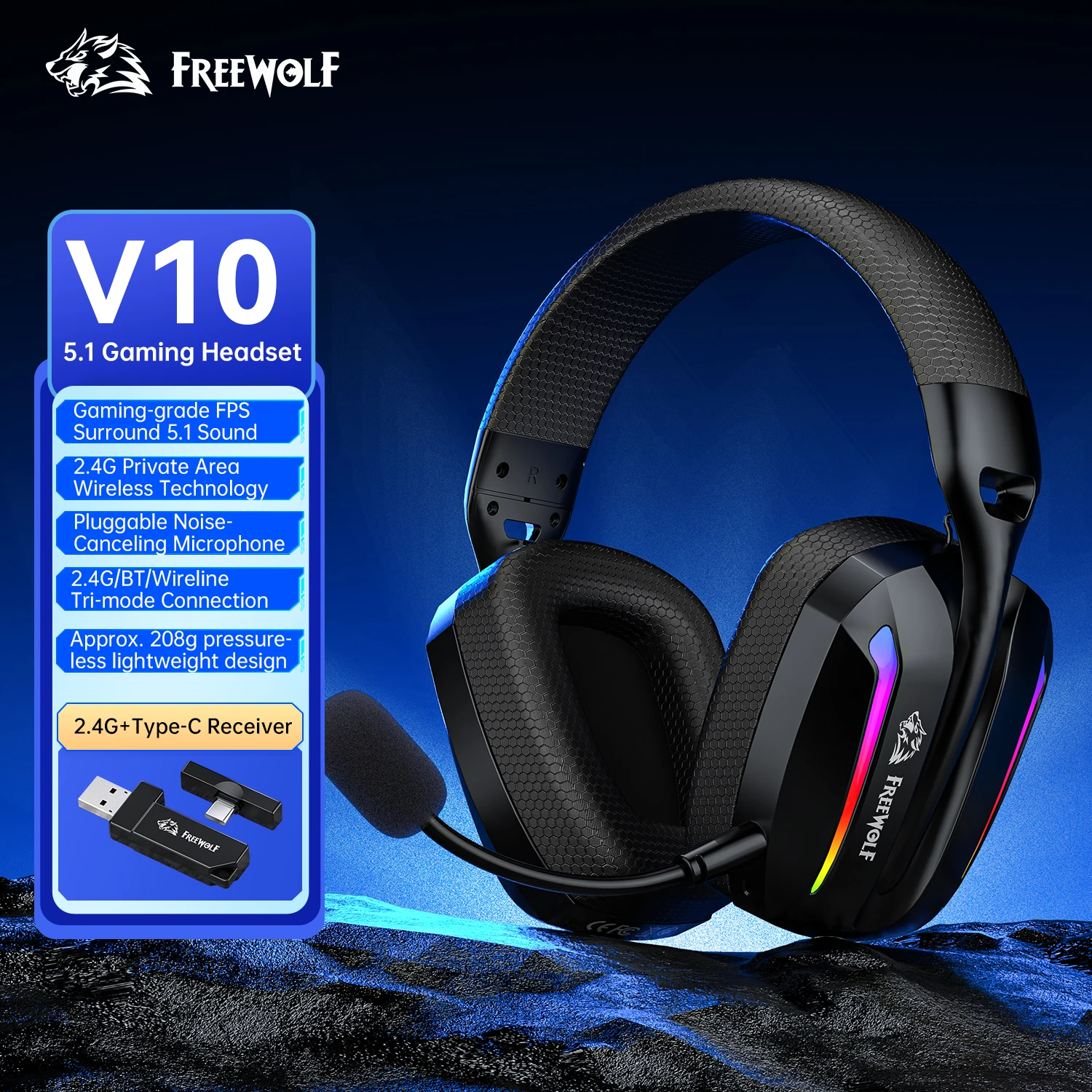 Трехрежимная игровая гарнитура V10 FREEWOLF с микрофоном с шумоподавлением, 5,1-канальные и тканевые амбушюры, легкая гарнитура 208 г
Трехрежимная игровая гарнитура V10 FREEWOLF с микрофоном с шумоподавлением, 5,1-канальные и тканевые амбушюры, легкая гарнитура 208 г