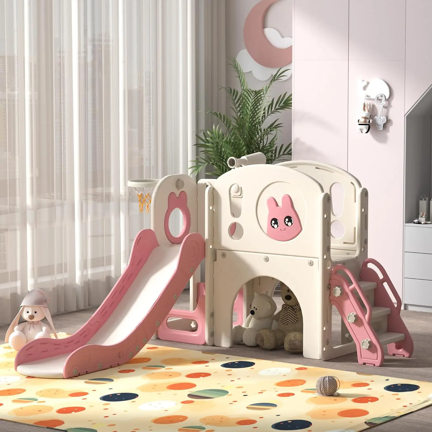 8-in-1 Toddler Slide and Climber Playset with Stairs, Tunnel, Basketball Hoop, Storage, Indoor Outdoor, Pink, 1-3 Years
8-in-1 Toddler Slide and Climber Playset with Stairs, Tunnel, Basketball Hoop, Storage, Indoor Outdoor, Pink, 1-3 Years