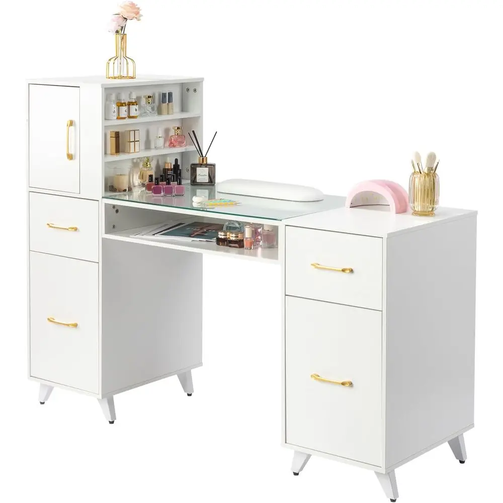 Glass Top Manicure Table with Wrist Rest, 3-Drawer Side Cabinet, 2 Drawers, and 3-Tier Open Cabinet in White
Glass Top Manicure Table with Wrist Rest, 3-Drawer Side Cabinet, 2 Drawers, and 3-Tier Open Cabinet in White