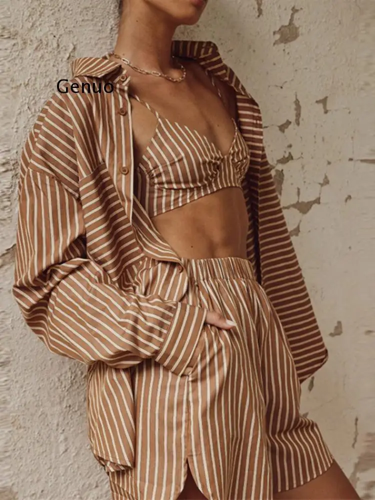 Women's Tracksuit Stripe Shirt Shorts Three Piece Set Long Sleeve Top And Mini Shorts Outfit Female 2022 Summer Lady New Suits
Women's Tracksuit Stripe Shirt Shorts Three Piece Set Long Sleeve Top And Mini Shorts Outfit Female 2022 Summer Lady New Suits