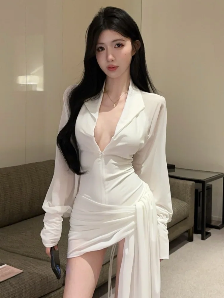 Pure Desire Sexy See through V Neck Short Skirt Backless Shirt Dress Women's Slim Fit Korean Style Commute Autumn Long Sleeve
Pure Desire Sexy See through V Neck Short Skirt Backless Shirt Dress Women's Slim Fit Korean Style Commute Autumn Long Sleeve