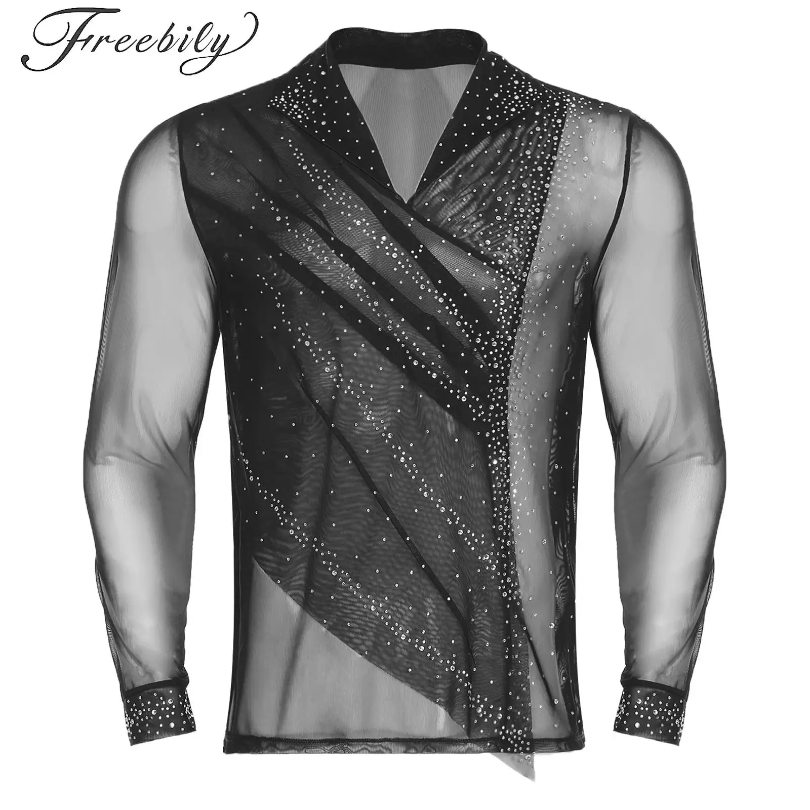 Mens Shiny Rhinestone Rhythmic Gymnastics Sheer Mesh Tops Lapel V Neck Long Sleeve Figure Ice Skating Latin Tango Dance Shirt
Mens Shiny Rhinestone Rhythmic Gymnastics Sheer Mesh Tops Lapel V Neck Long Sleeve Figure Ice Skating Latin Tango Dance Shirt