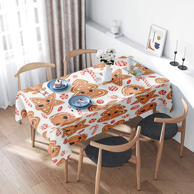 Modern Christmas-themed tablecloth with gingerbread man design for dining room decor.
Modern Christmas-themed tablecloth with gingerbread man design for dining room decor.