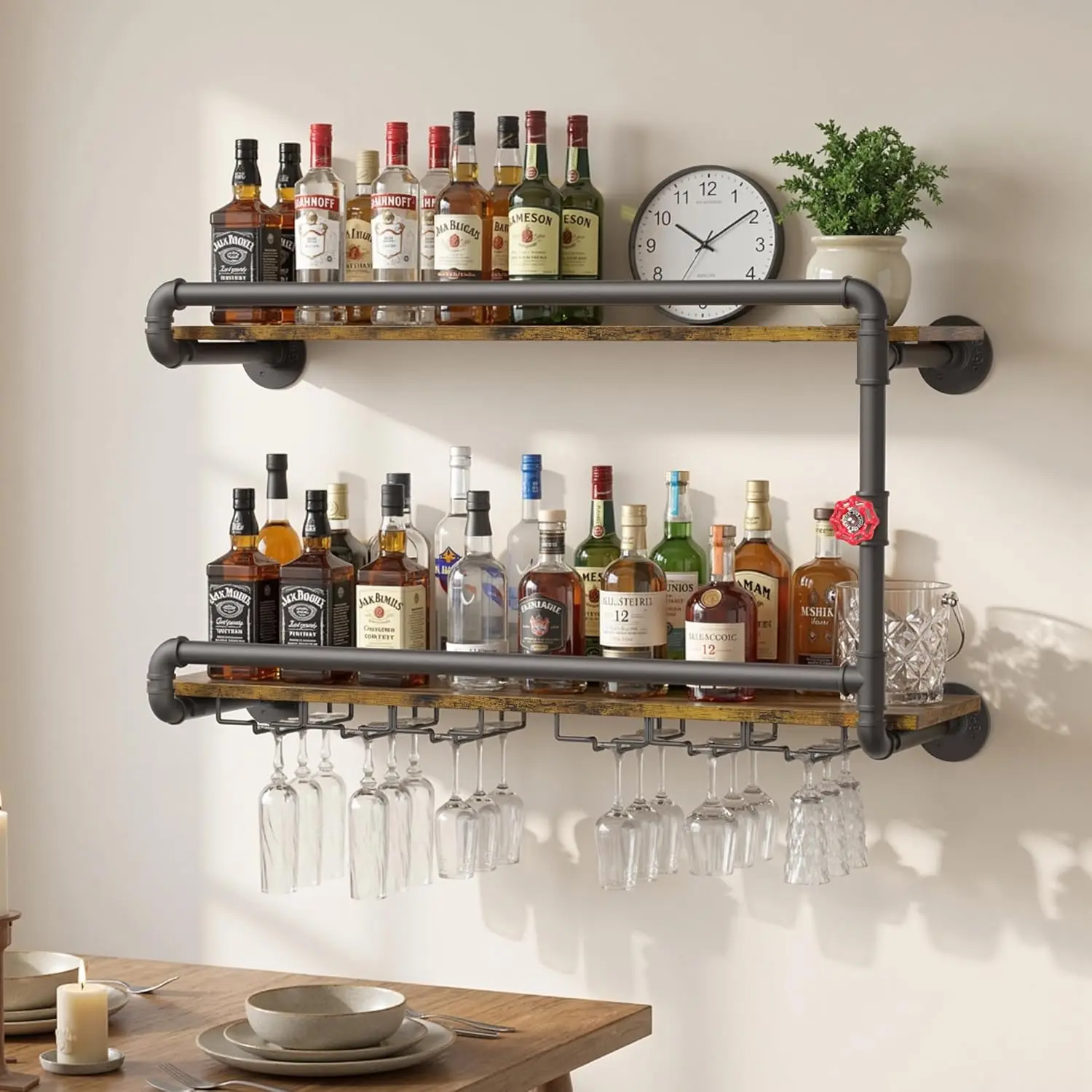 Rustic Wall Mounted Wine Rack with Stemware Holder, 2 Tier Floating Bar Shelf for Home Bar Coffee Station Kitchen Storage
Rustic Wall Mounted Wine Rack with Stemware Holder, 2 Tier Floating Bar Shelf for Home Bar Coffee Station Kitchen Storage