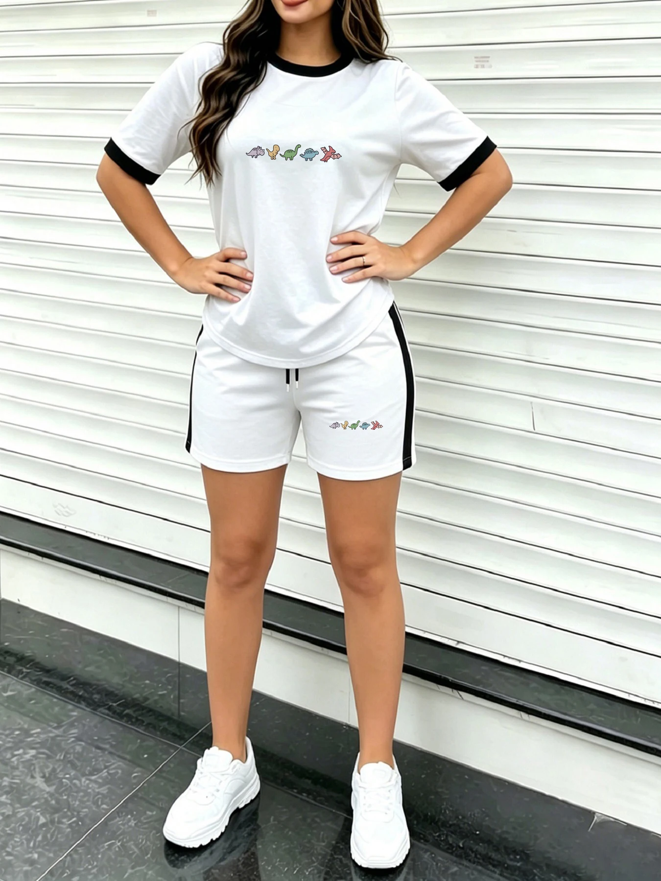 Cute and Soft Women's Short-Sleeve Shorts Set with Colorful Dinosaur Cartoon Print, Color-Blocked Round-Neck Short-Sleeve T-Shirt, Side-Striped Shorts Two-Piece Set, Loose Fit for Daily Home Wear and Outings, Amusement Park Outfit, Summer Casual Women's W
Cute and Soft Women's Short-Sleeve Shorts Set with Colorful Dinosaur Cartoon Print, Color-Blocked Round-Neck Short-Sleeve T-Shirt, Side-Striped Shorts Two-Piece Set, Loose Fit for Daily Home Wear and Outings, Amusement Park Outfit, Summer Casual Women's W