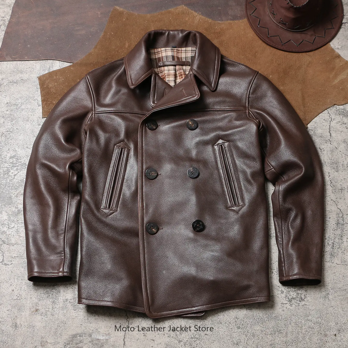 740 Vintage Mid-Long Real Leather Coat, Big Lapel Double Breasted Genuine Leather Peacoat, Navy Thick Soft Goatskin Outerwear
740 Vintage Mid-Long Real Leather Coat, Big Lapel Double Breasted Genuine Leather Peacoat, Navy Thick Soft Goatskin Outerwear