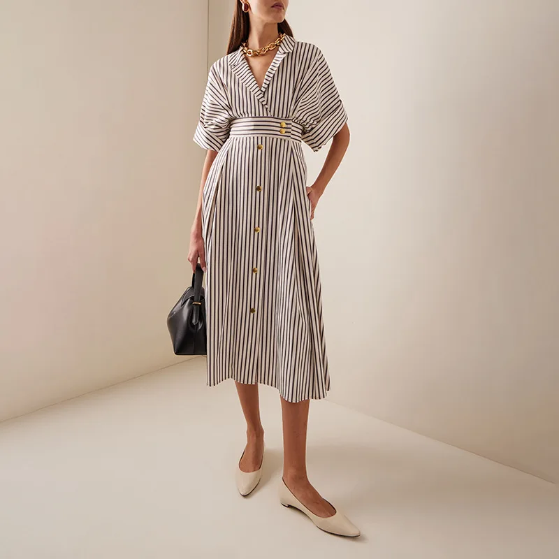 Stylish Shirt Dress 2026 Spring For Women Striped Five Quarter Sleeve Double-sided Open Dress Urban Casual Office Maxi Dresses
Stylish Shirt Dress 2026 Spring For Women Striped Five Quarter Sleeve Double-sided Open Dress Urban Casual Office Maxi Dresses