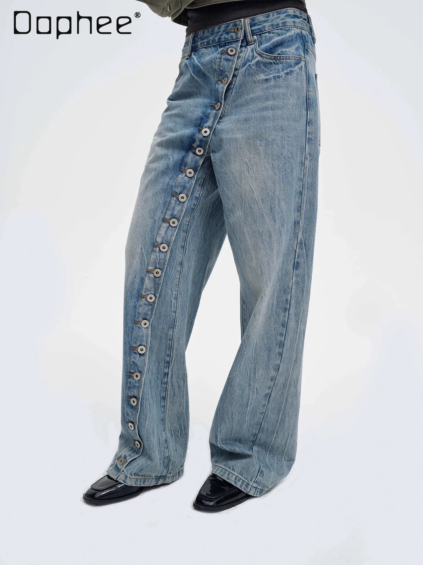 2026 Spring New Korean Style Ins Diagonal Placket Button Jeans Street Trend Straight Pants Loose Vintage Washed Long Pants Women
2026 Spring New Korean Style Ins Diagonal Placket Button Jeans Street Trend Straight Pants Loose Vintage Washed Long Pants Women
