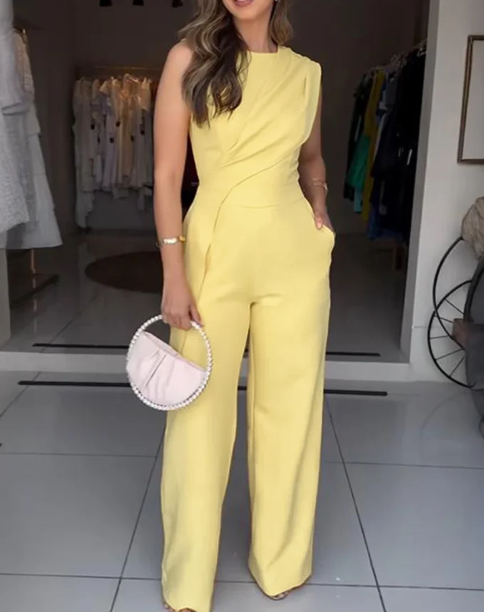 Jumpsuit Women 2025 Summer Solid Color Sleeveless Ruched Irregular Jumpsuit Casual Round Neck High Waist Jumpsuit with Pockets
Jumpsuit Women 2025 Summer Solid Color Sleeveless Ruched Irregular Jumpsuit Casual Round Neck High Waist Jumpsuit with Pockets