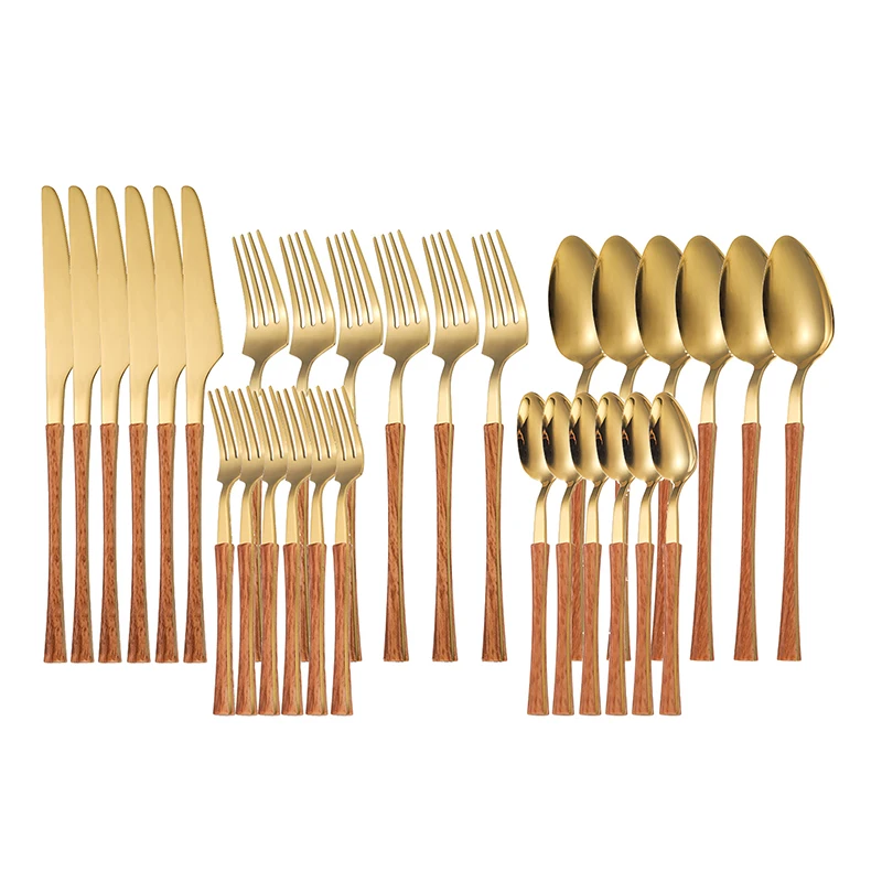 30 Pieces Imitation Wooden Handle Stainless Steel Gold Cutlery Set Luxury Full Tableware Sets Fork Spoon Knife Dining Table Set
30 Pieces Imitation Wooden Handle Stainless Steel Gold Cutlery Set Luxury Full Tableware Sets Fork Spoon Knife Dining Table Set
