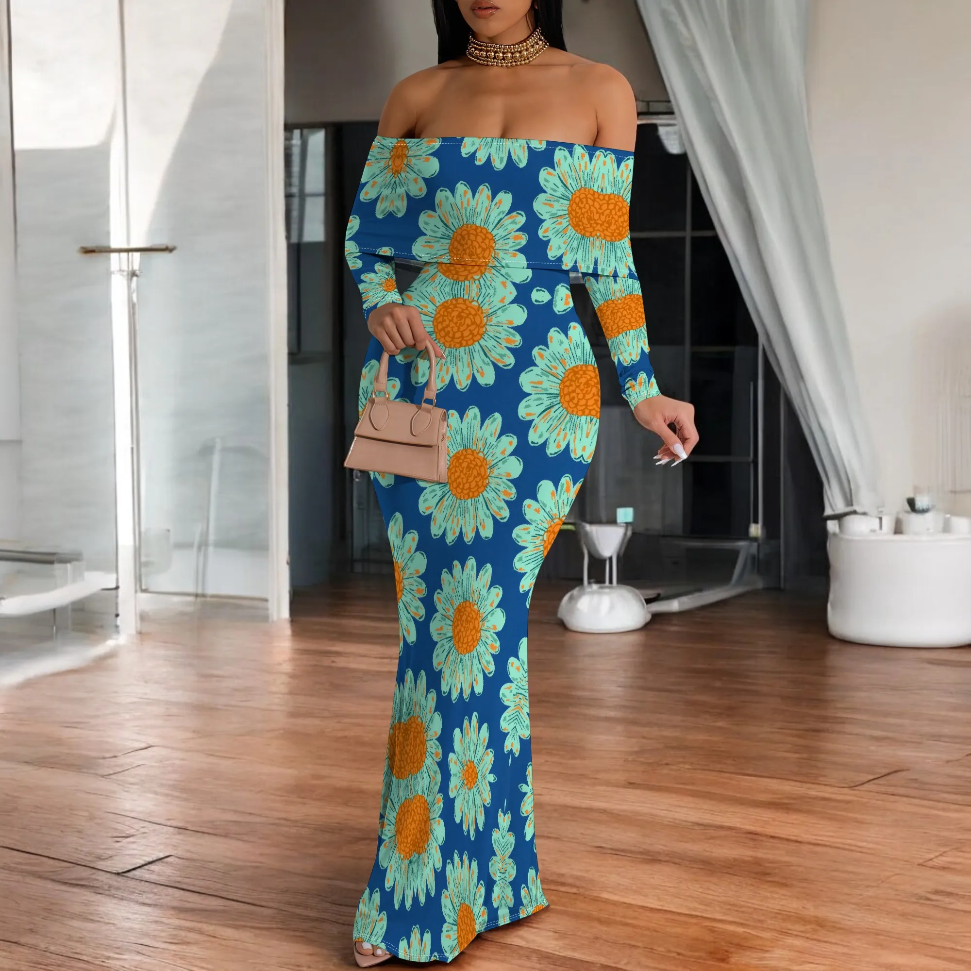 Off Shoulder Maxi Dress Blue Background Large Daisy Floral Print Long Sleeve Slim Fit Vacation Dress
Off Shoulder Maxi Dress Blue Background Large Daisy Floral Print Long Sleeve Slim Fit Vacation Dress