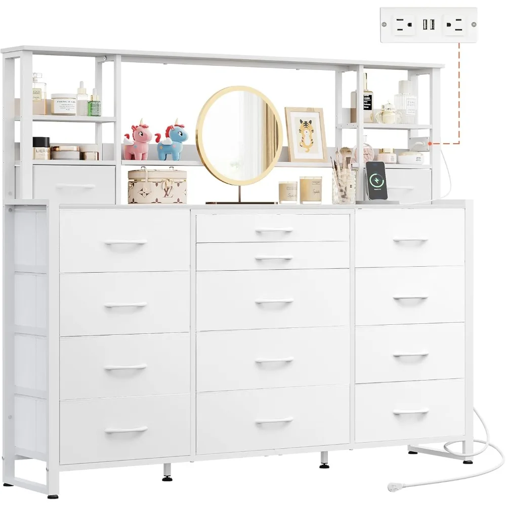 55" W Dresser for Bedroom with 15 Fabric Drawers & 5 Storage Shelves, Tall Dresser with Charging Station, Makeup Vanity
55" W Dresser for Bedroom with 15 Fabric Drawers & 5 Storage Shelves, Tall Dresser with Charging Station, Makeup Vanity