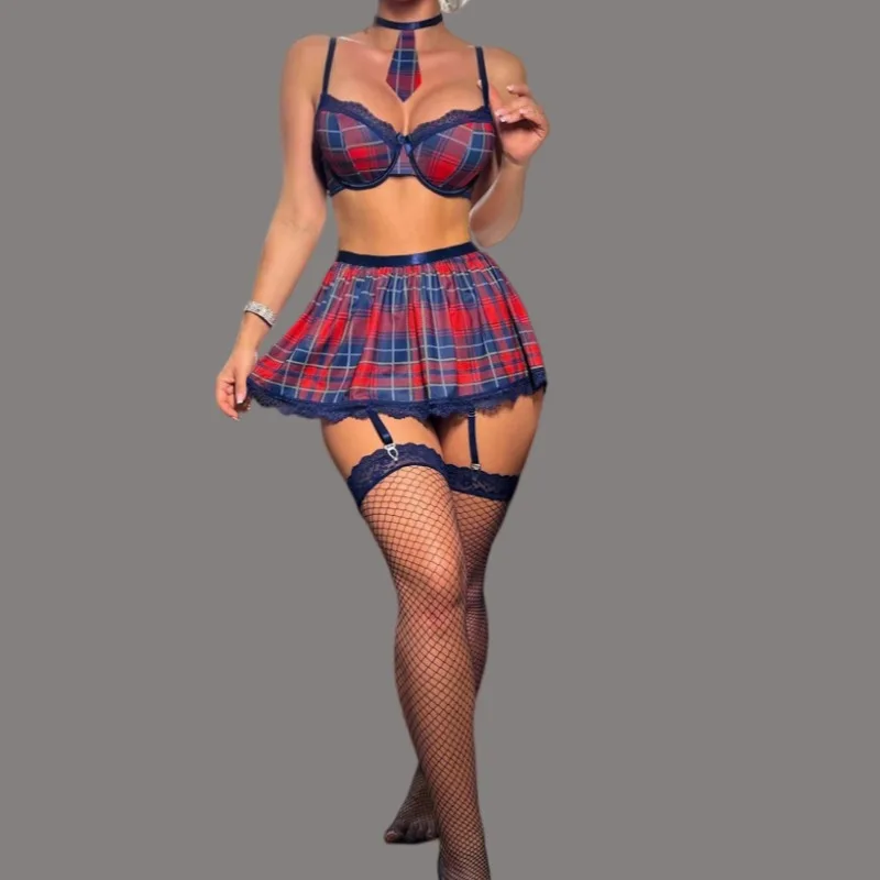 Sexy Red Blue Plaid Women's Lingerie Sets Seductive Bra Collar Mini Skirt with Garter Belt Fishnet Stockings Roleplay Costumes
Sexy Red Blue Plaid Women's Lingerie Sets Seductive Bra Collar Mini Skirt with Garter Belt Fishnet Stockings Roleplay Costumes
