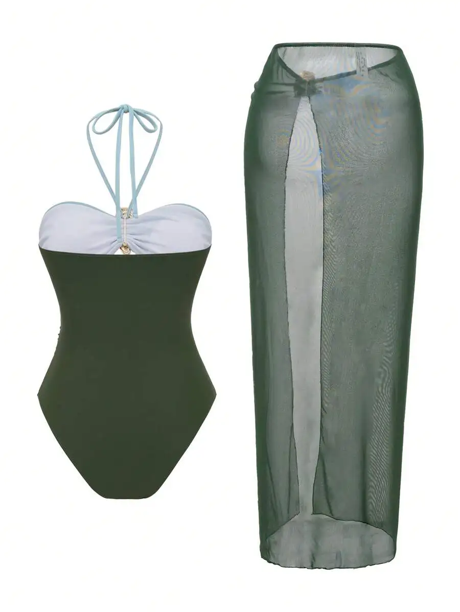 Women Solid Color Halter One Piece Swimsuit With Mesh Cover Up Skirt For Beach Summer
Women Solid Color Halter One Piece Swimsuit With Mesh Cover Up Skirt For Beach Summer