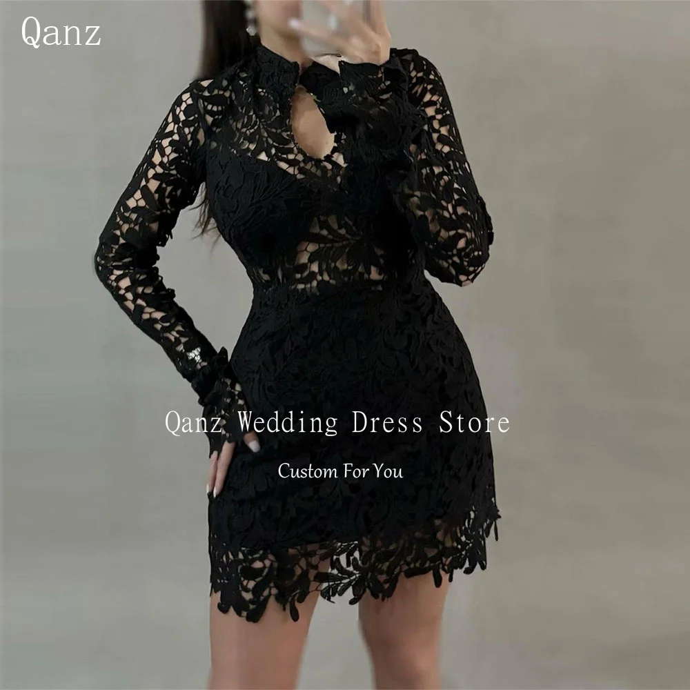 Qanz Black Lace Appliques Prom Dress See Through Long Sleeves Short Robe Soirées Chic Illusion Vestidos De gala Customized
Qanz Black Lace Appliques Prom Dress See Through Long Sleeves Short Robe Soirées Chic Illusion Vestidos De gala Customized