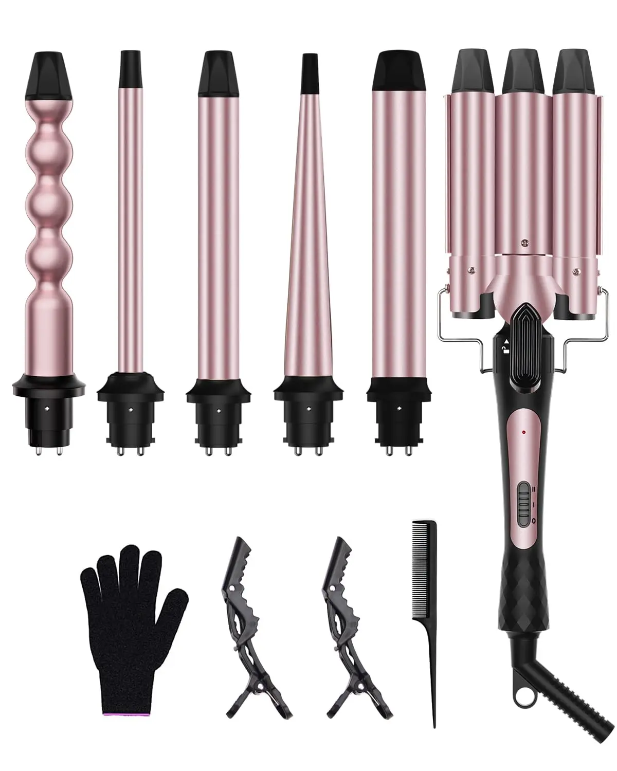 6-in-1 Curling Iron Set, Interchangeable Barrels 0.35"-1.25", Dual Temp, Includes Glove & Clips
6-in-1 Curling Iron Set, Interchangeable Barrels 0.35"-1.25", Dual Temp, Includes Glove & Clips