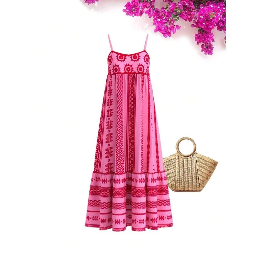 【New Arrival】Pink Red Tribal Print Maxi Dress, Spaghetti Strap Tiered Boho Summer Sundress for Women
【New Arrival】Pink Red Tribal Print Maxi Dress, Spaghetti Strap Tiered Boho Summer Sundress for Women