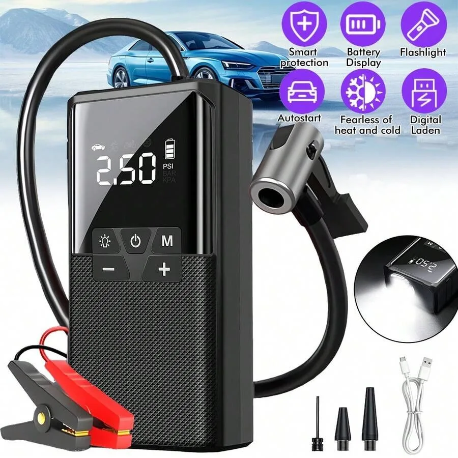 2-In-1 12V Car Jump Starter With Air Compressor, 99800mAh Portable Battery Booster With Digital Inflator and LED Light For All
2-In-1 12V Car Jump Starter With Air Compressor, 99800mAh Portable Battery Booster With Digital Inflator and LED Light For All