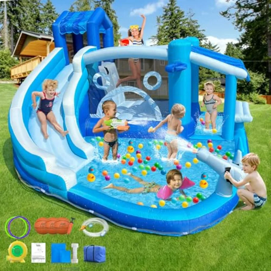 Backyard kids inflatable water slide, heavy duty Oxford cloth, blue/red, 5-in-1 bounce house with climbing wall splash pool, 3-
Backyard kids inflatable water slide, heavy duty Oxford cloth, blue/red, 5-in-1 bounce house with climbing wall splash pool, 3-