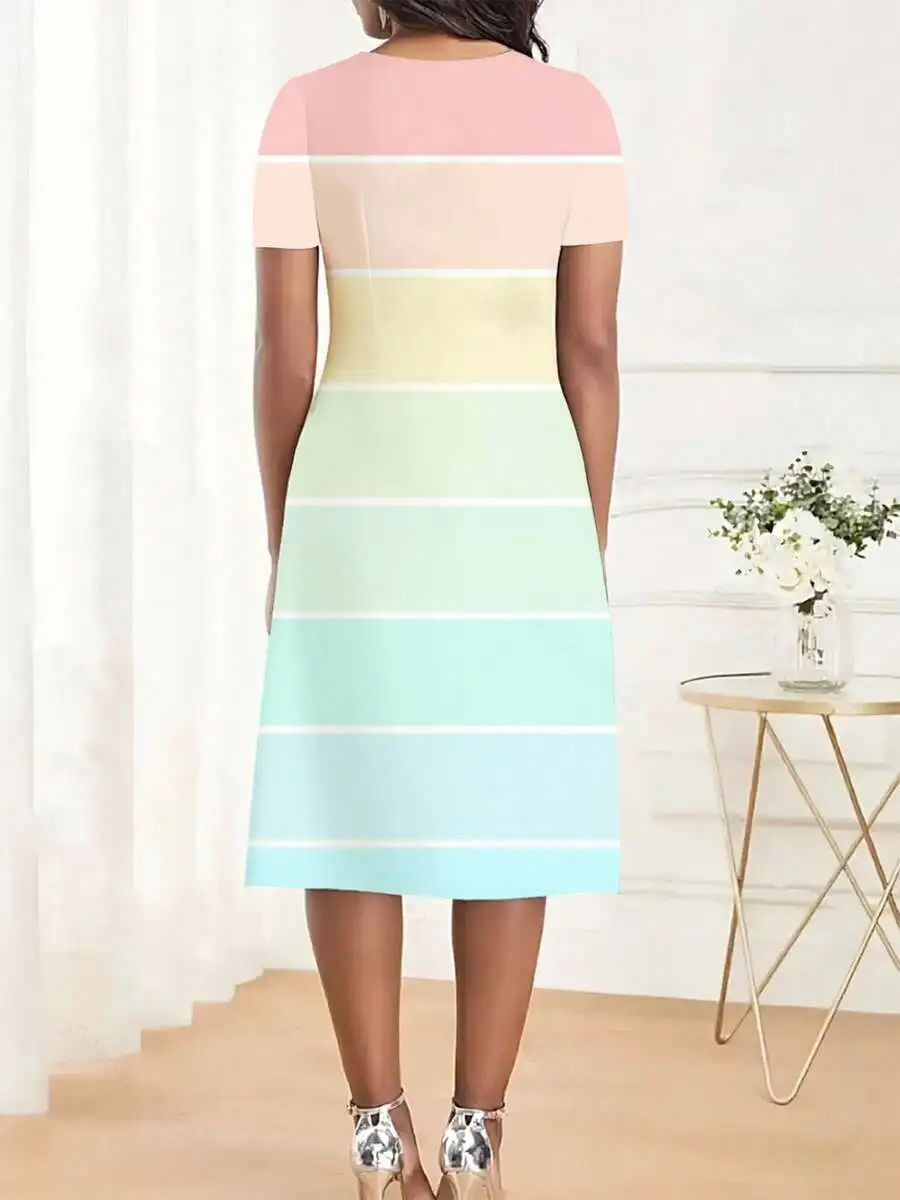 Pastel Color Block Striped Midi Dress Women Short Sleeve Round Neck Elegant Cocktail Party Dress Spring Summer
Pastel Color Block Striped Midi Dress Women Short Sleeve Round Neck Elegant Cocktail Party Dress Spring Summer