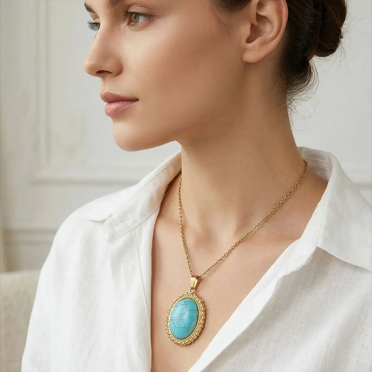 Natural turquoise titanium steel pendant necklace gemstone water drop pendant gemstone inlaid titanium steel shell necklace
Natural turquoise titanium steel pendant necklace gemstone water drop pendant gemstone inlaid titanium steel shell necklace